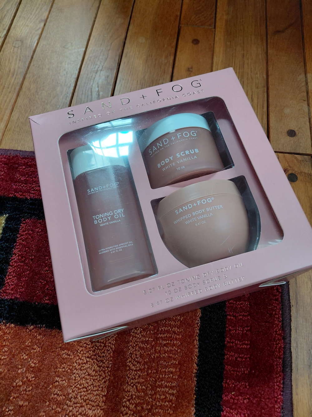 NIB New unopened Sand & Fog white vanilla body lotion butter scrub & oil set